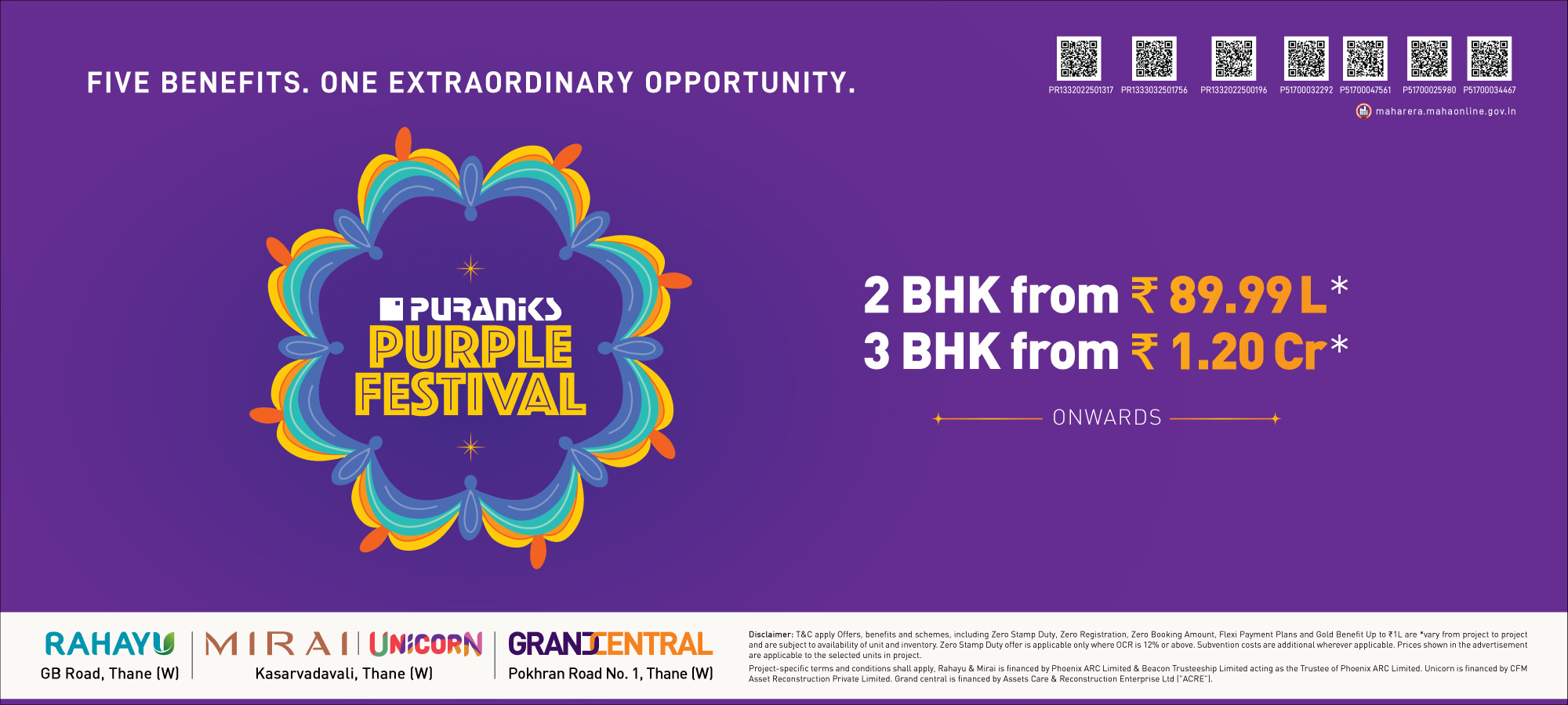 Puraniks Purple Festival – Give your celebrations a new home. 5 auspicious benefits on 2 BHK and 3 BHK homes at Puraniks Rahayu, Unicorn and Grand Central, Thane (W)